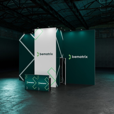beMatrix Messestand Kopfstand 40 m² mit Kabine 5 m