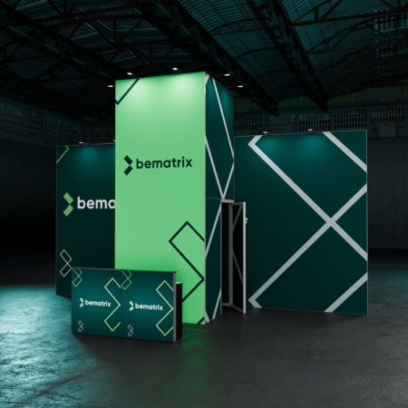 beMatrix Messestand Kopfstand 40 m² mit Kabine 5 m und 4 m hoher Rückwand