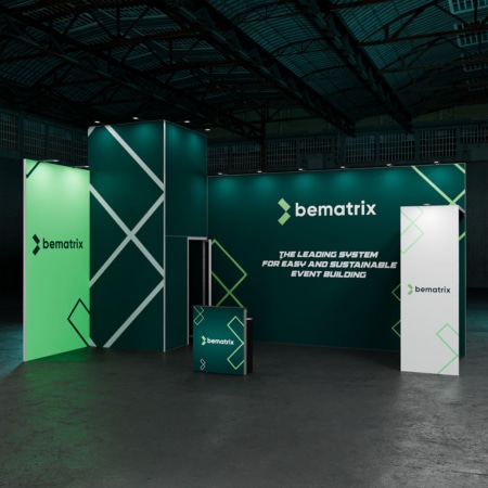 beMatrix Messestand Eckstand 28 m² mit 4 m² Kabine und Brücke