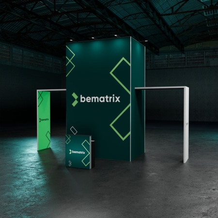 beMatrix Inselstand 14 - 50-80 m² mit Kabine 6m² und zwei Brücken
